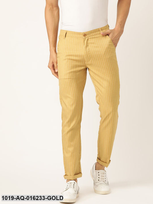 Men's Cotton Blend Gold & Off-white Striped Casual Trousers