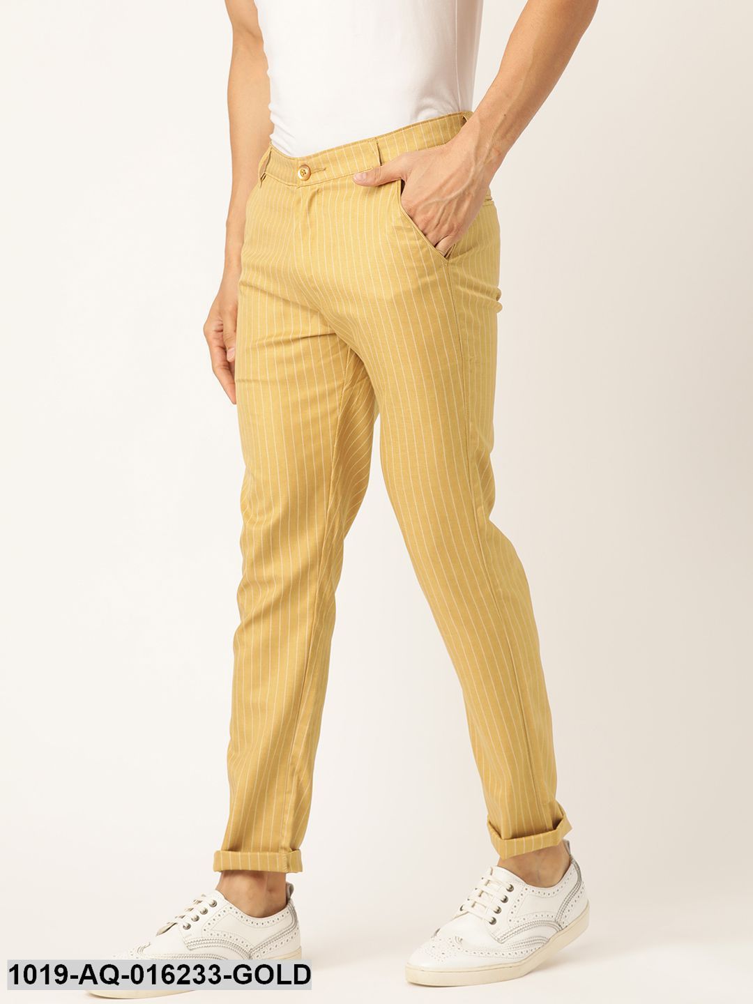 Men's Cotton Blend Gold & Off-white Striped Casual Trousers