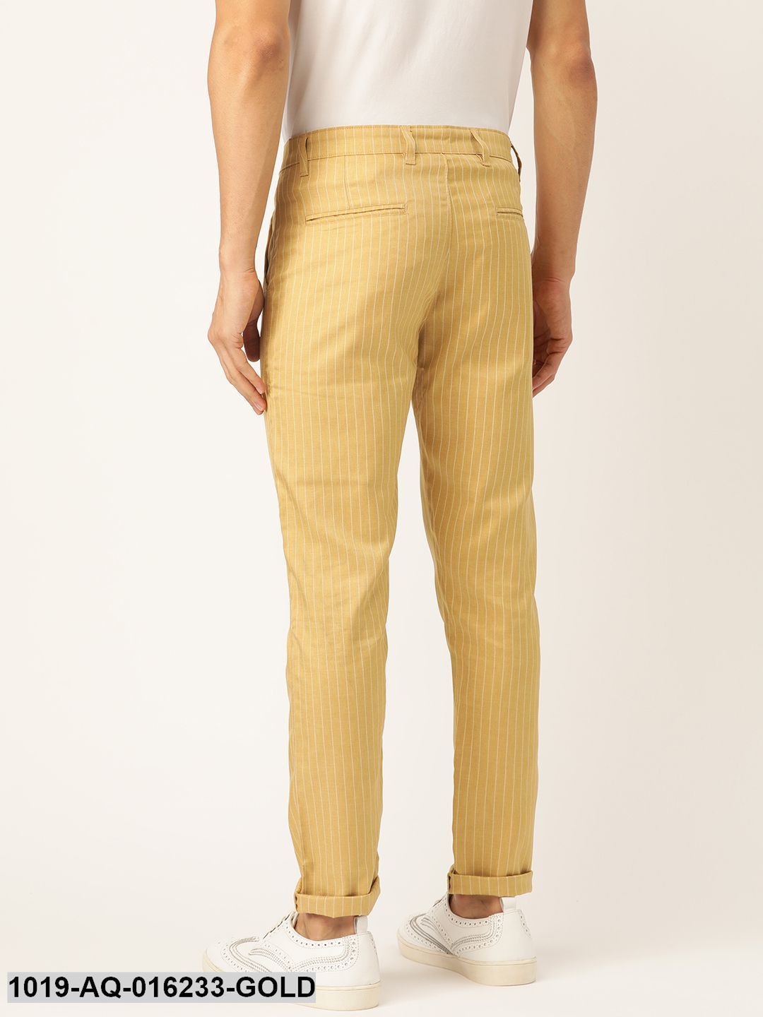 Men's Cotton Blend Gold & Off-white Striped Casual Trousers