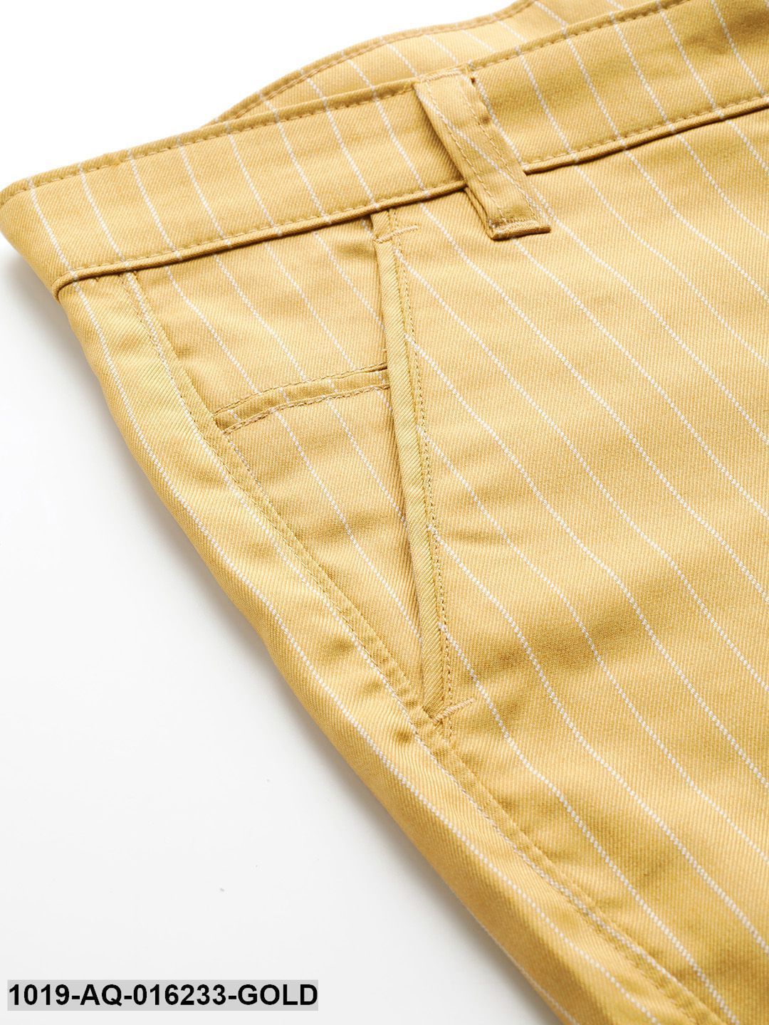 Men's Cotton Blend Gold & Off-white Striped Casual Trousers