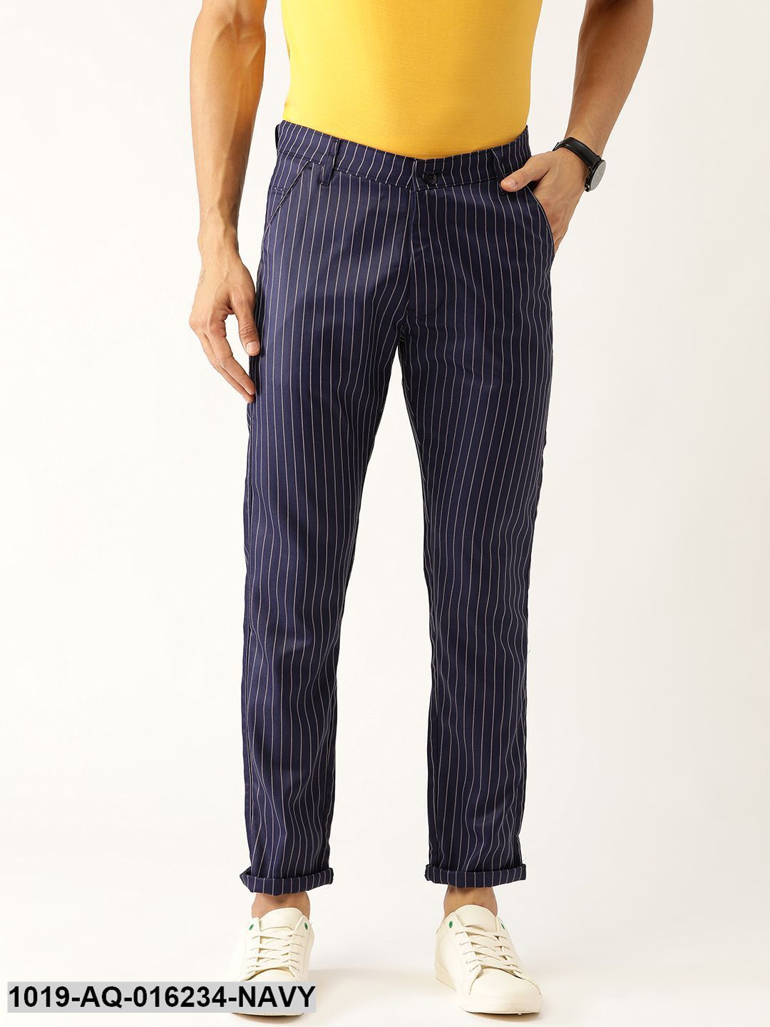 Men's Cotton Blend Navy Blue & Off-white Striped Casual Trousers