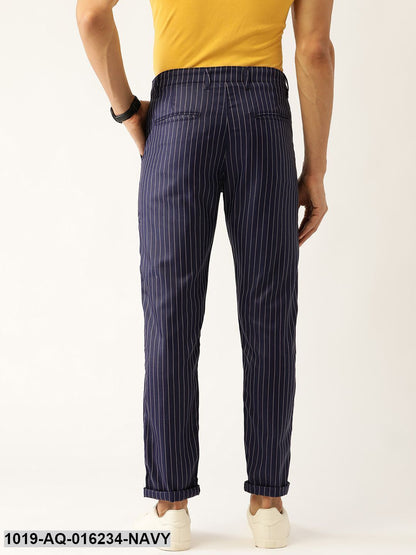 Men's Cotton Blend Navy Blue & Off-white Striped Casual Trousers