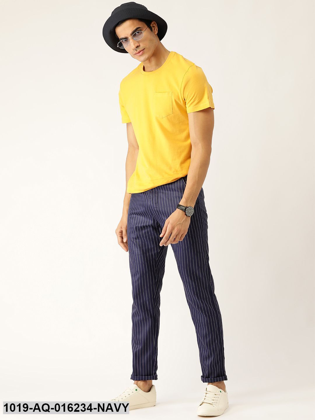 Men's Cotton Blend Navy Blue & Off-white Striped Casual Trousers