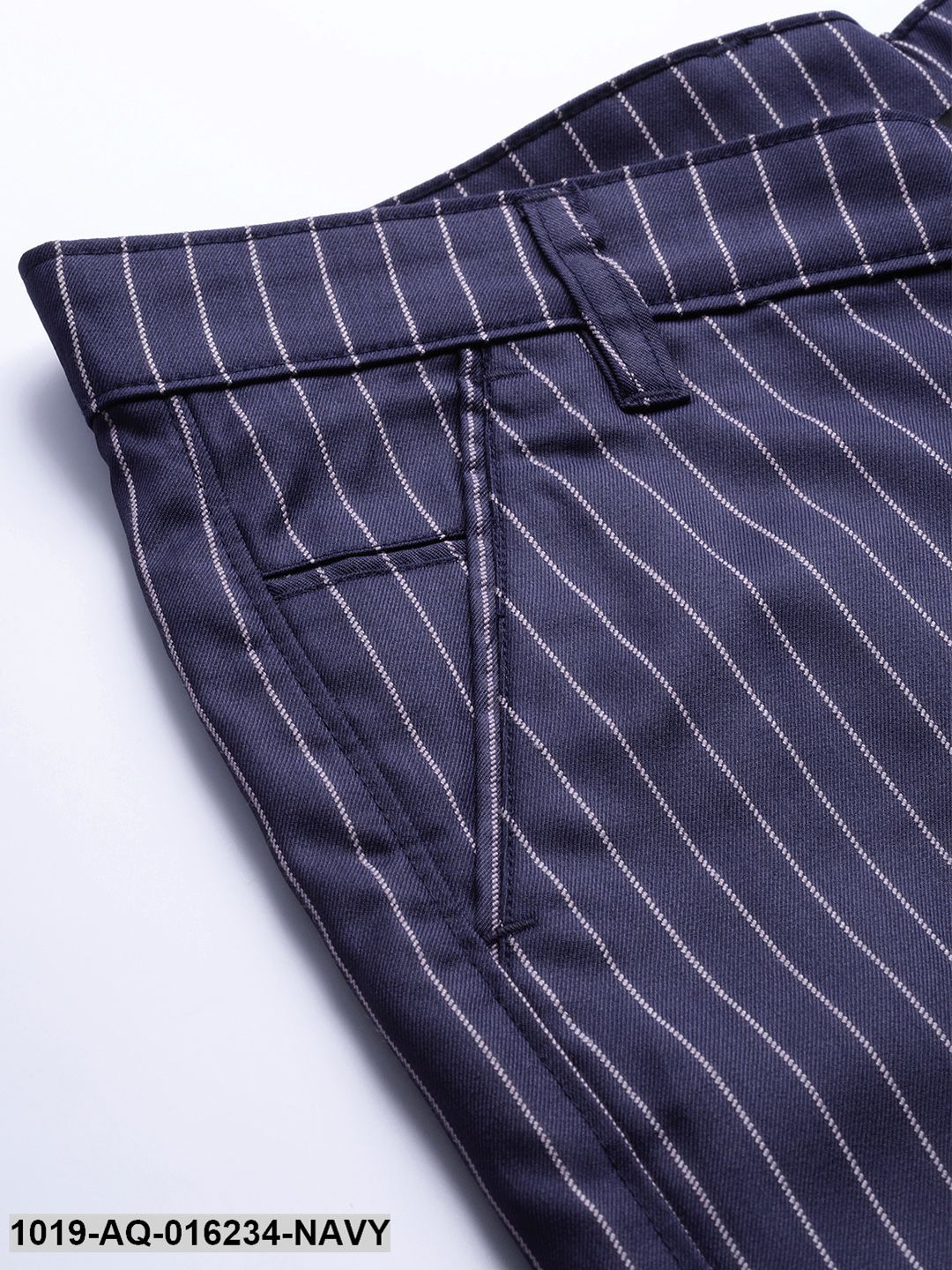 Men's Cotton Blend Navy Blue & Off-white Striped Casual Trousers