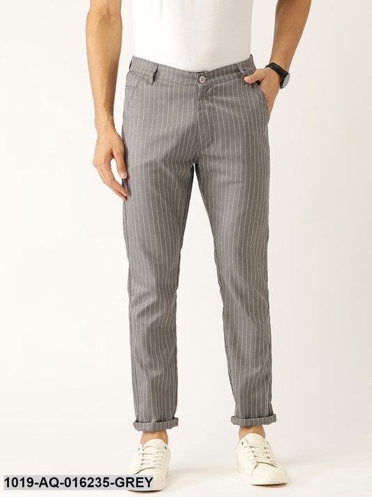 Men's Cotton Blend Grey & Off-white Striped Casual Trousers