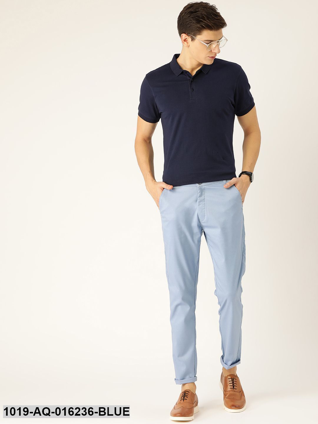 Men's Cotton Blend Blue Solid Casual Trousers