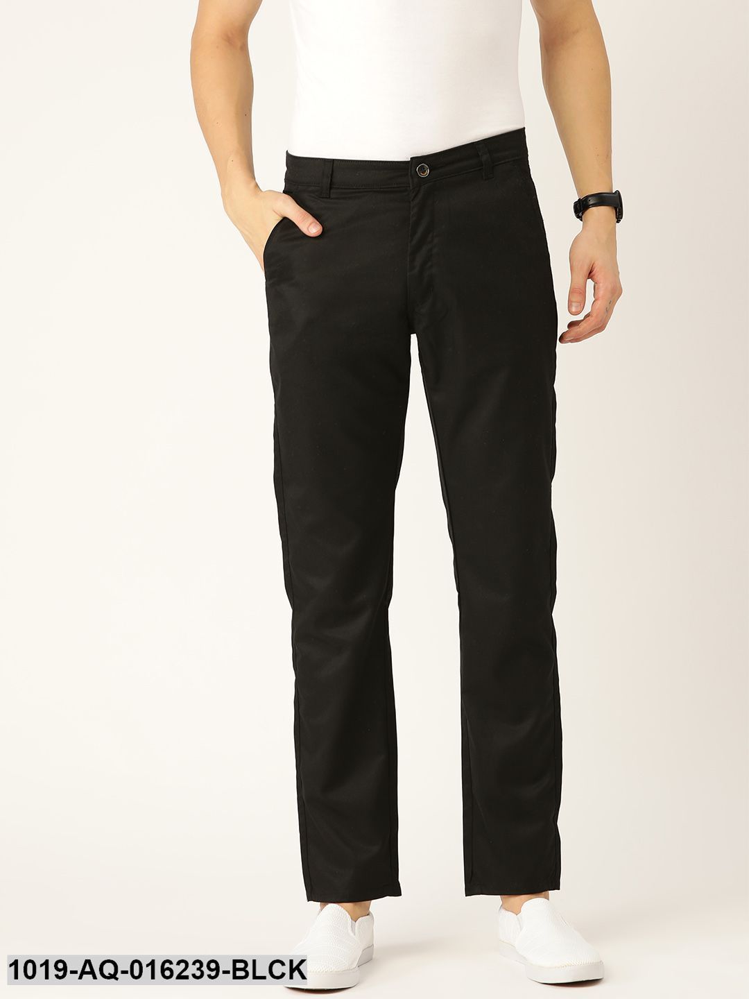 Men's Cotton Blend Black Solid Casual Trousers