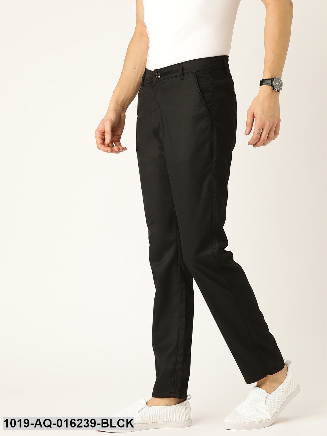 Men's Cotton Blend Black Solid Casual Trousers