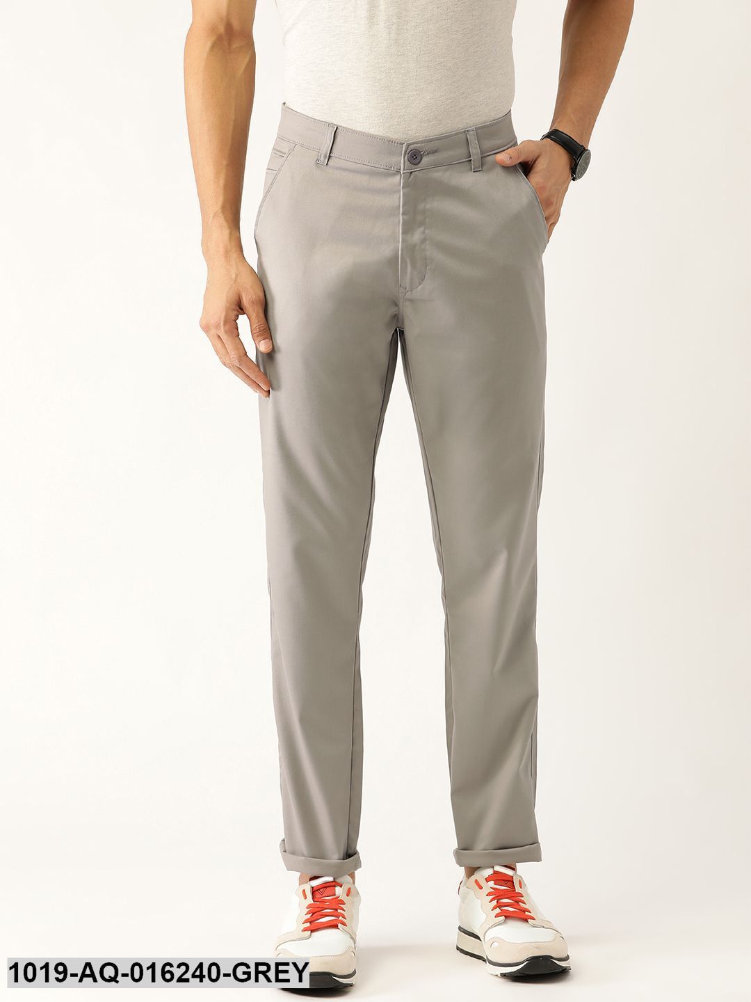 Men's Cotton Blend Grey Solid Casual Trousers