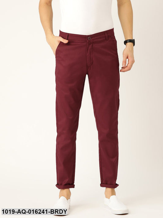 Men's Cotton Blend Burgundy Solid Casual Trousers