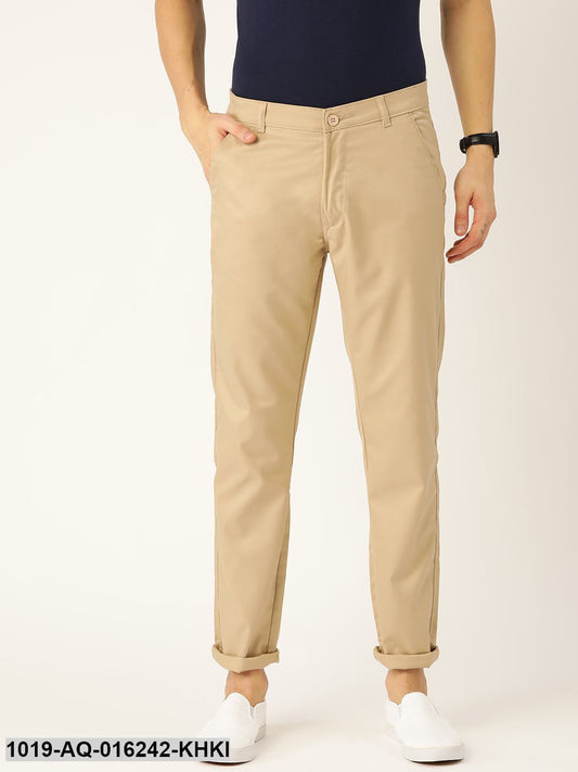 Men's Cotton Blend Khaki Solid Casual Trousers