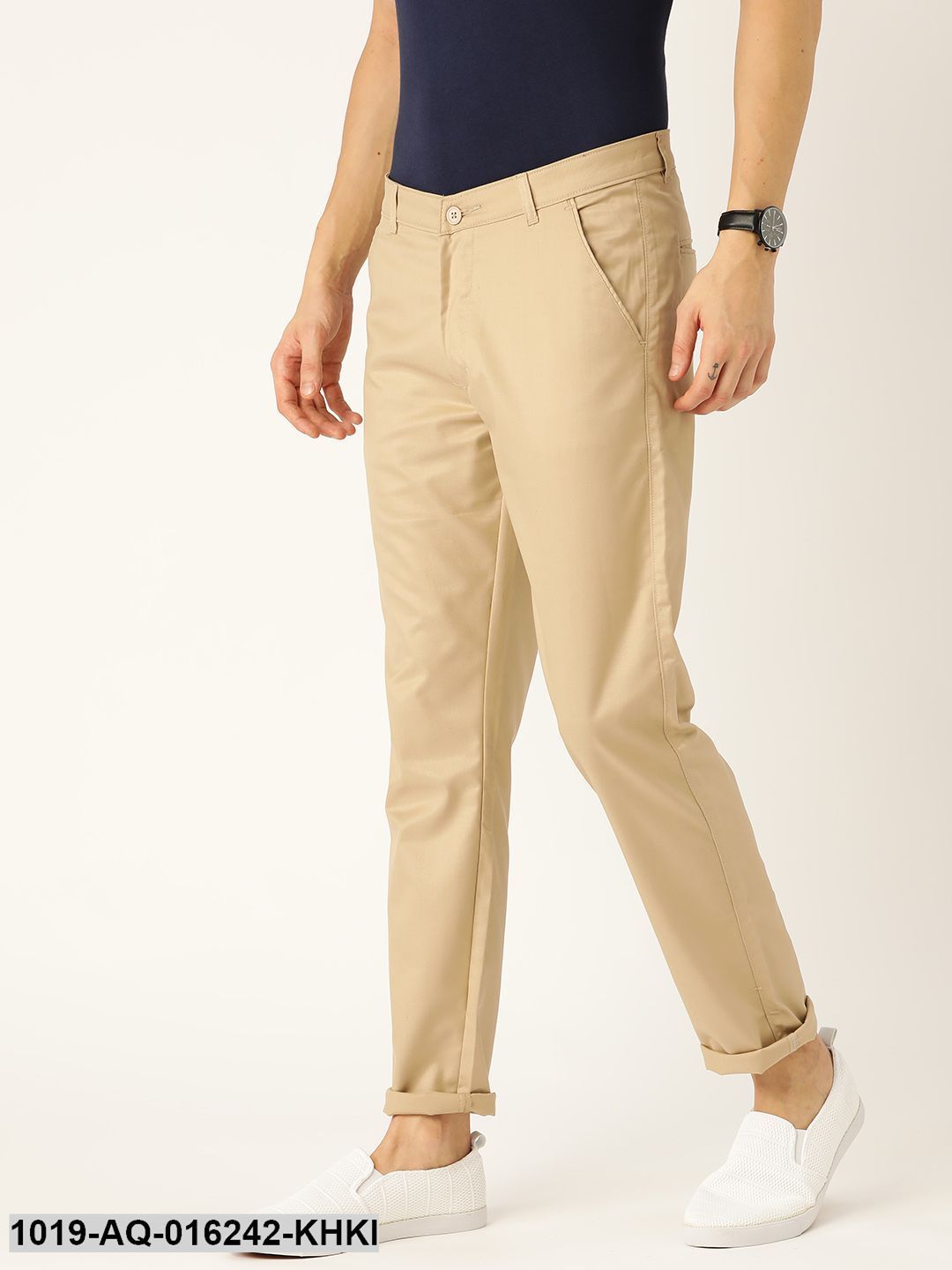 Men's Cotton Blend Khaki Solid Casual Trousers