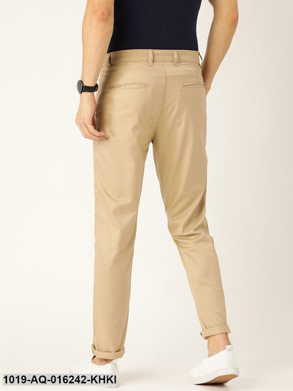 Men's Cotton Blend Khaki Solid Casual Trousers