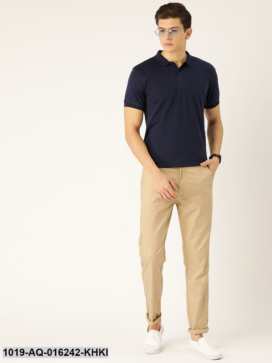 Men's Cotton Blend Khaki Solid Casual Trousers