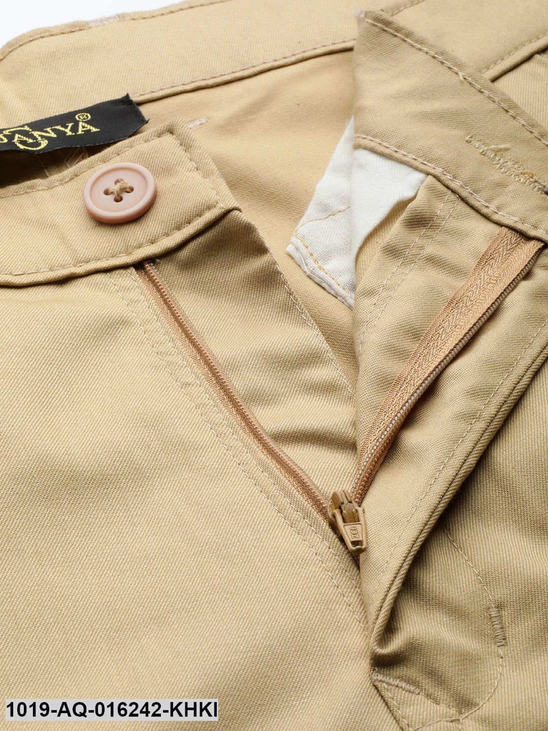 Men's Cotton Blend Khaki Solid Casual Trousers