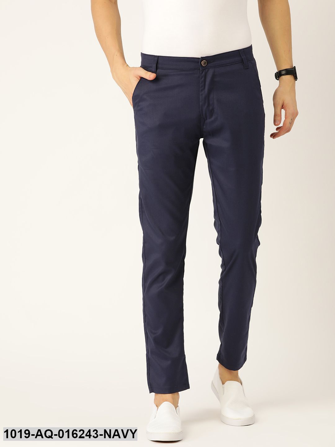 Men's Cotton Blend Navy Blue Solid Casual Trousers