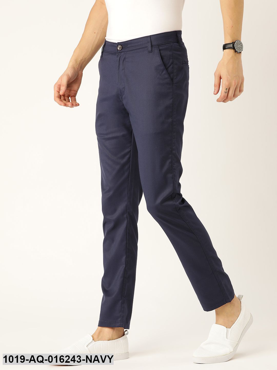 Men's Cotton Blend Navy Blue Solid Casual Trousers