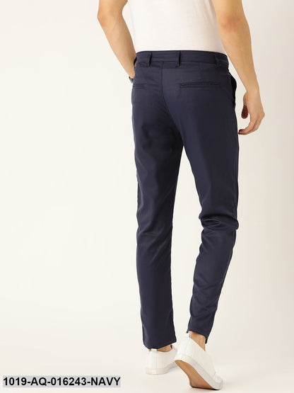 Men's Cotton Blend Navy Blue Solid Casual Trousers