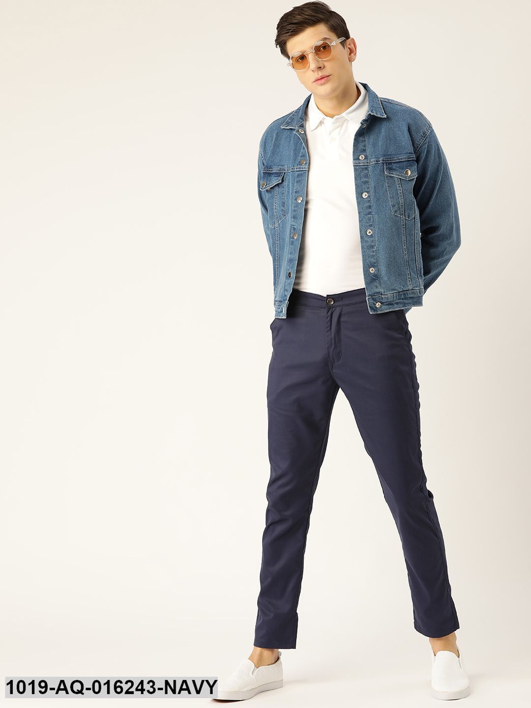 Men's Cotton Blend Navy Blue Solid Casual Trousers