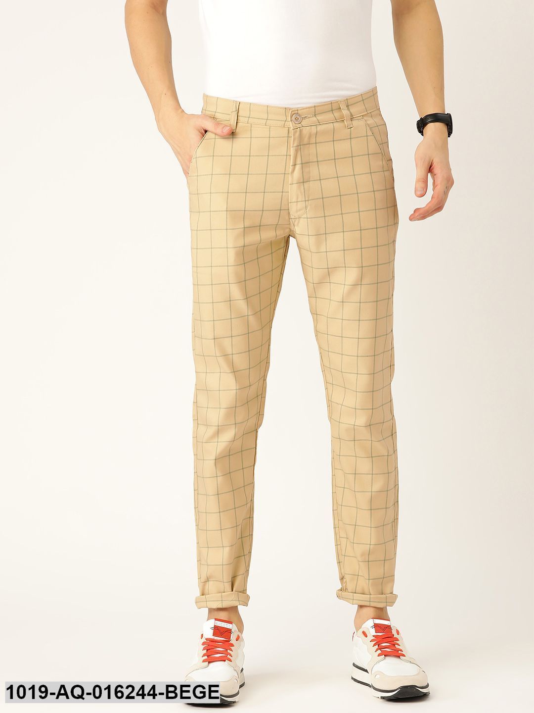 Men's Cotton Blend Beige & Green Checked Casual Trousers