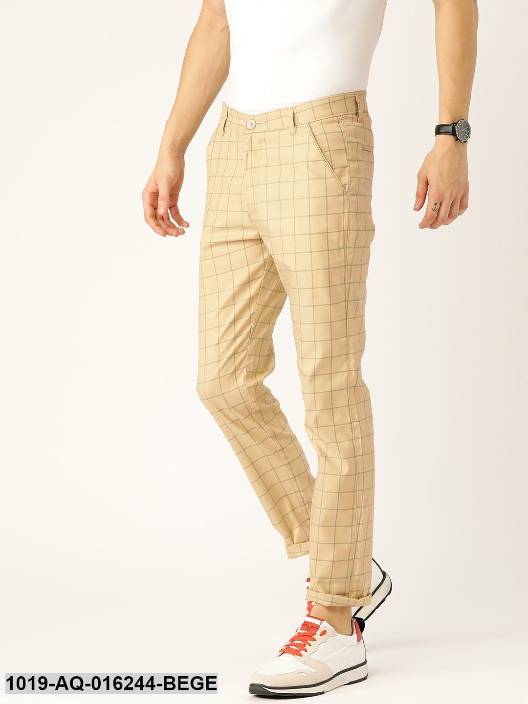 Men's Cotton Blend Beige & Green Checked Casual Trousers