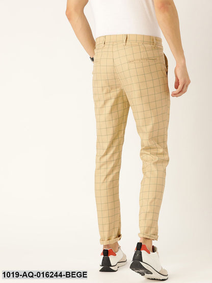 Men's Cotton Blend Beige & Green Checked Casual Trousers