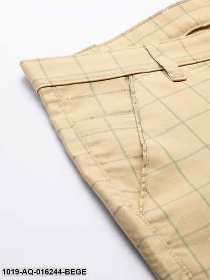 Men's Cotton Blend Beige & Green Checked Casual Trousers