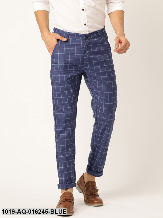 Men's Cotton Blend Royal Blue & Blue Checked Casual Trousers