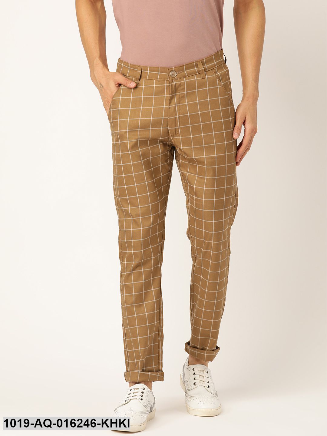 Men's Cotton Blend Khaki & Off-white Checked Casual Trousers