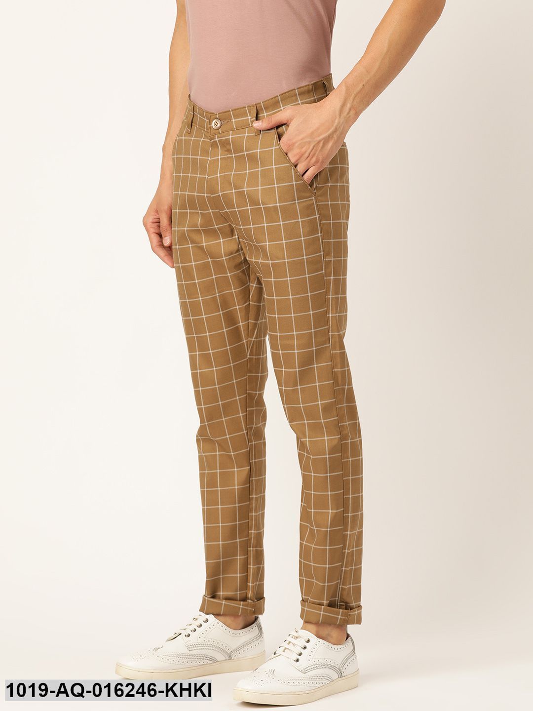 Men's Cotton Blend Khaki & Off-white Checked Casual Trousers