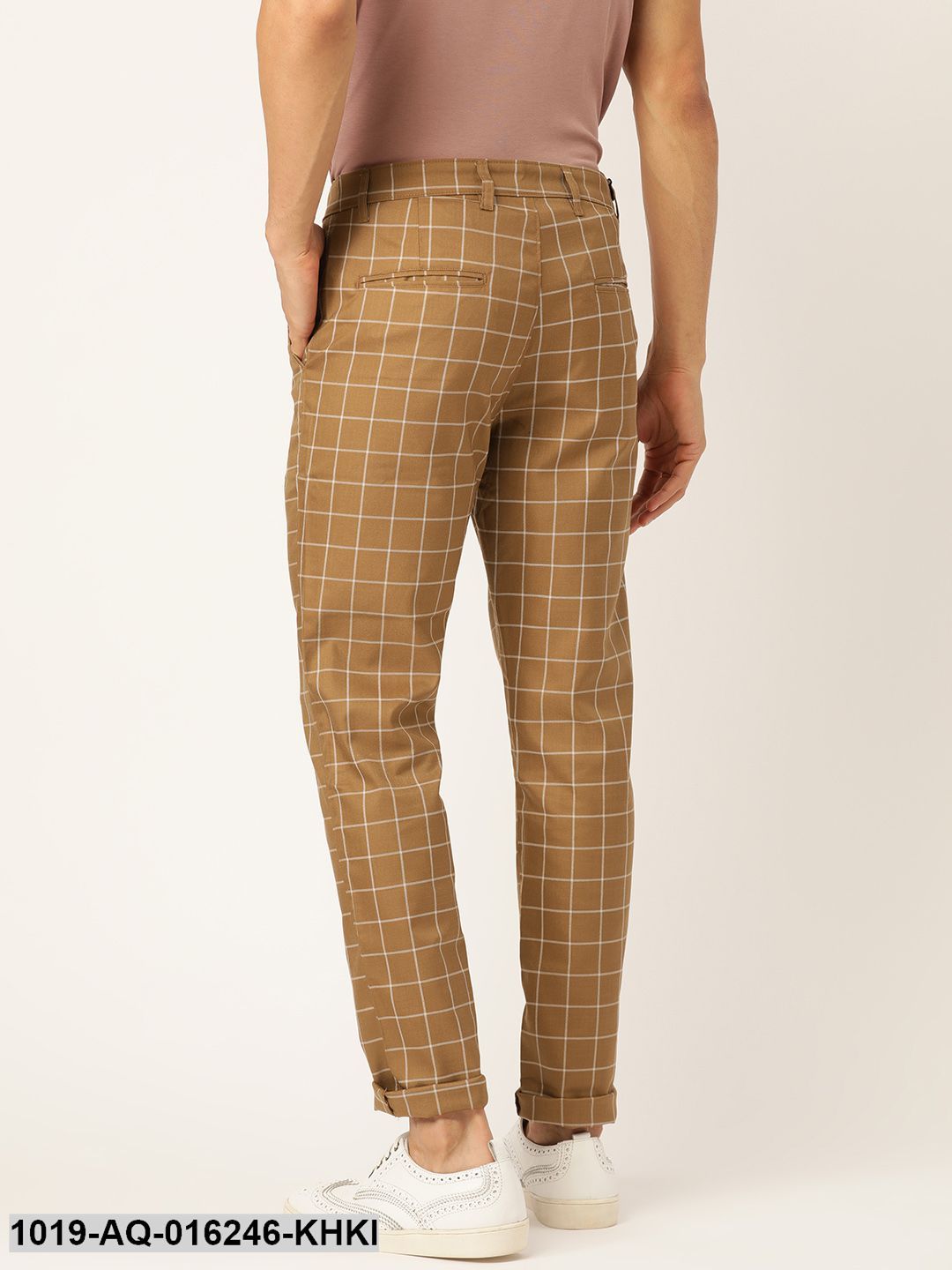 Men's Cotton Blend Khaki & Off-white Checked Casual Trousers