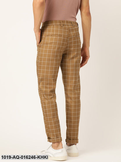 Men's Cotton Blend Khaki & Off-white Checked Casual Trousers