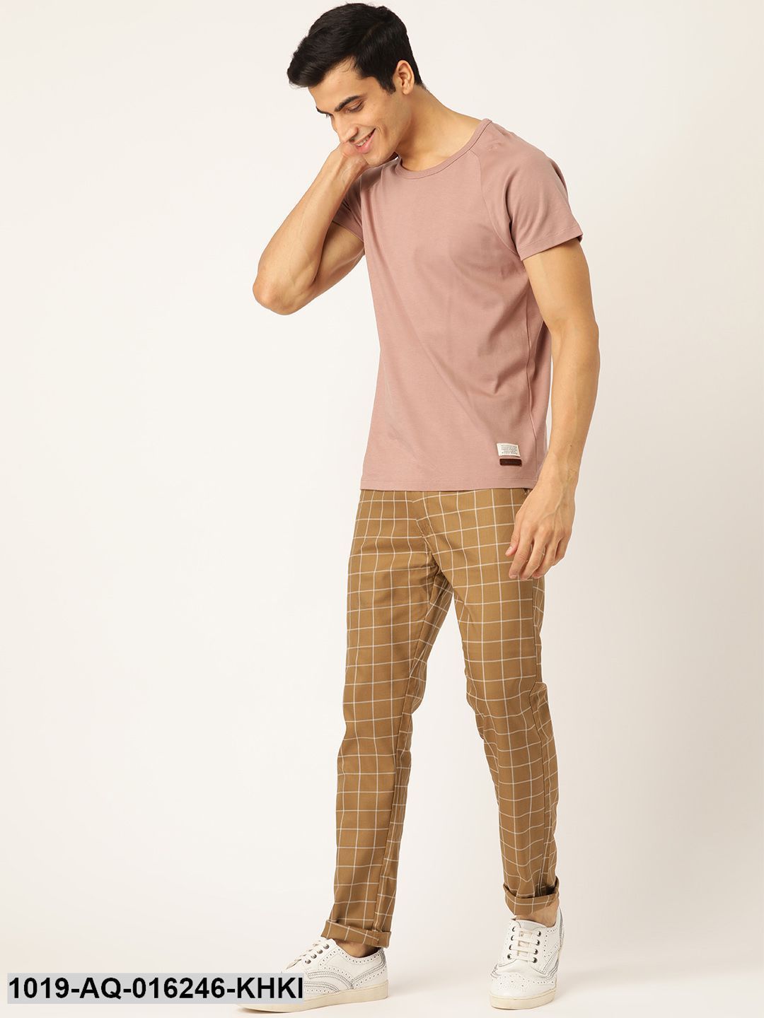 Men's Cotton Blend Khaki & Off-white Checked Casual Trousers