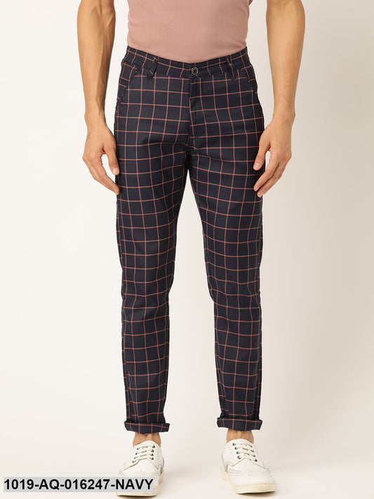 Men's Cotton Blend Navy Blue & Red Checked Casual Trousers