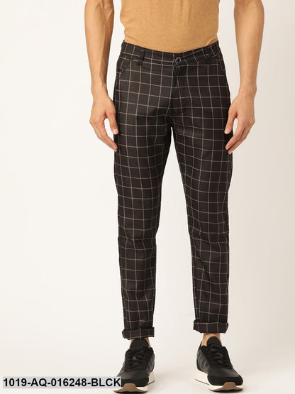 Men's Cotton Blend Black & Beige Checked Casual Trousers