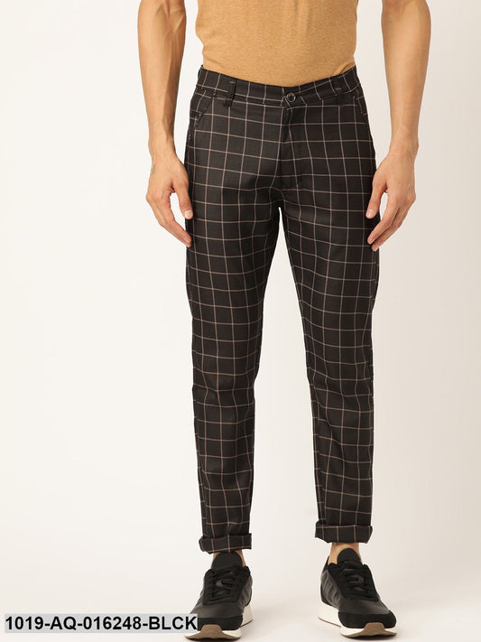 Men's Cotton Blend Black & Beige Checked Casual Trousers