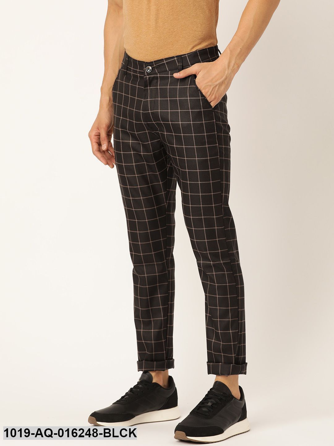 Men's Cotton Blend Black & Beige Checked Casual Trousers