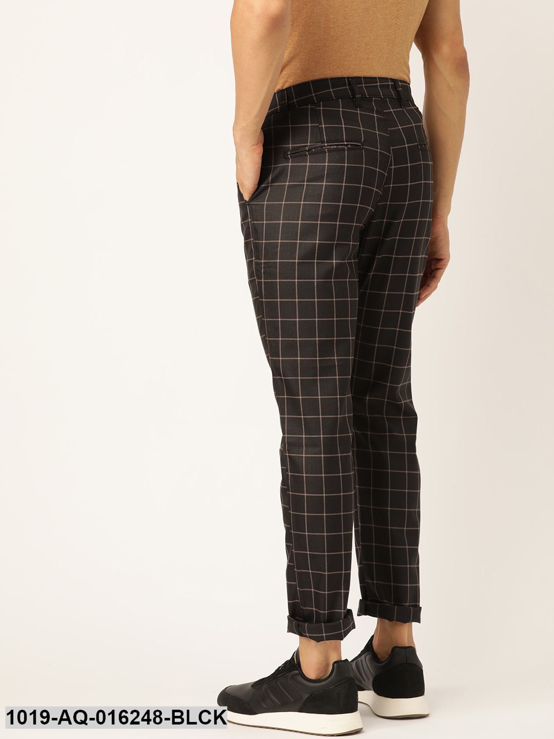 Men's Cotton Blend Black & Beige Checked Casual Trousers