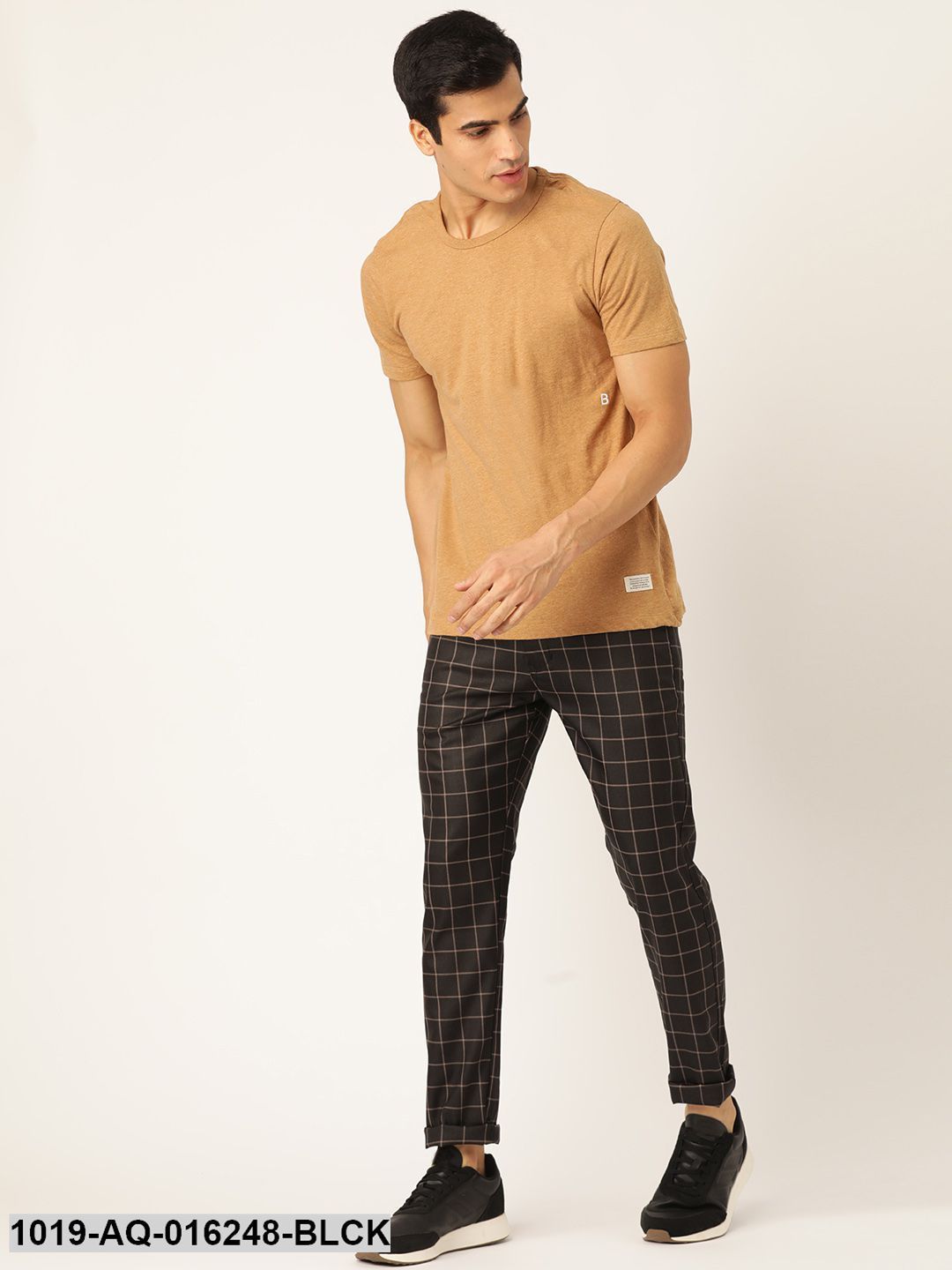 Men's Cotton Blend Black & Beige Checked Casual Trousers