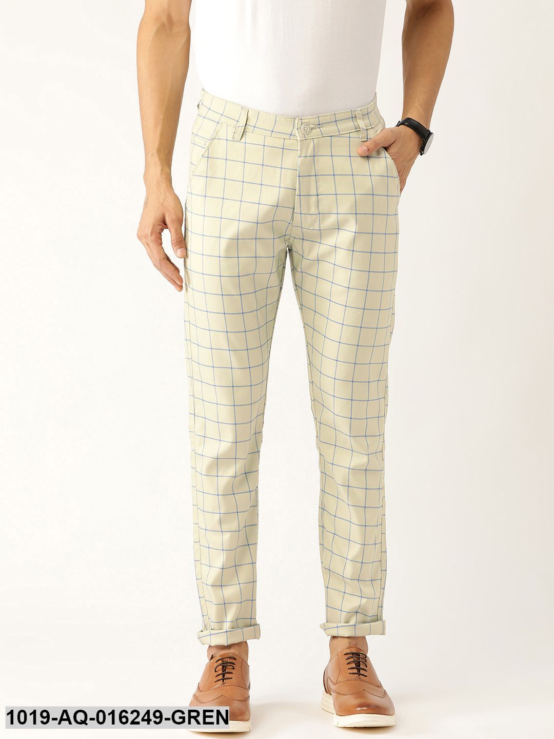 Men's Cotton Blend PistaGreen & Blue Checked Casual Trousers