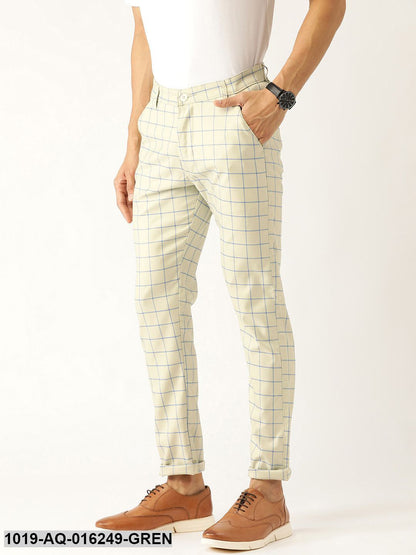 Men's Cotton Blend PistaGreen & Blue Checked Casual Trousers