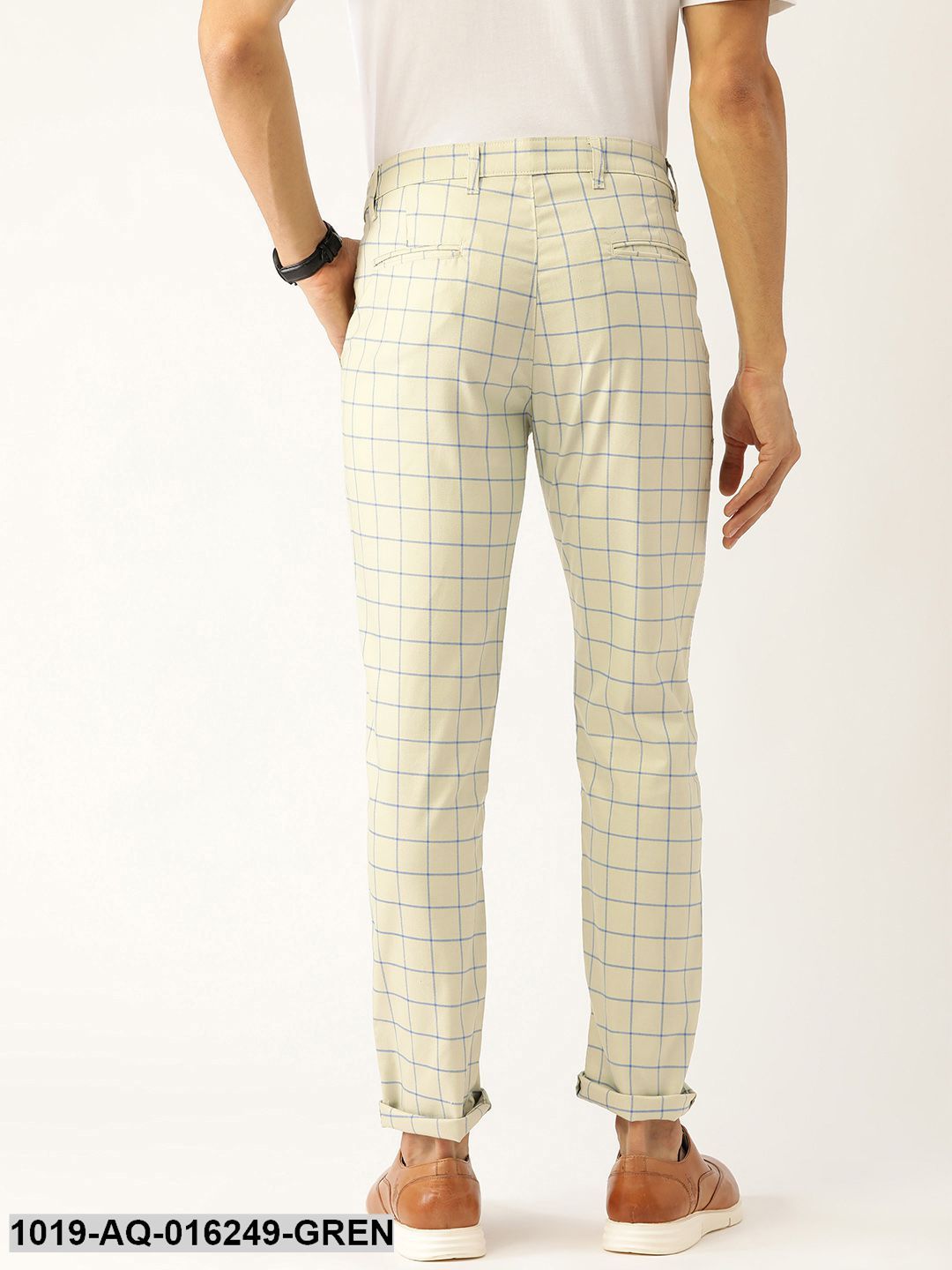 Men's Cotton Blend PistaGreen & Blue Checked Casual Trousers