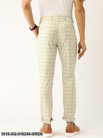 Men's Cotton Blend PistaGreen & Blue Checked Casual Trousers