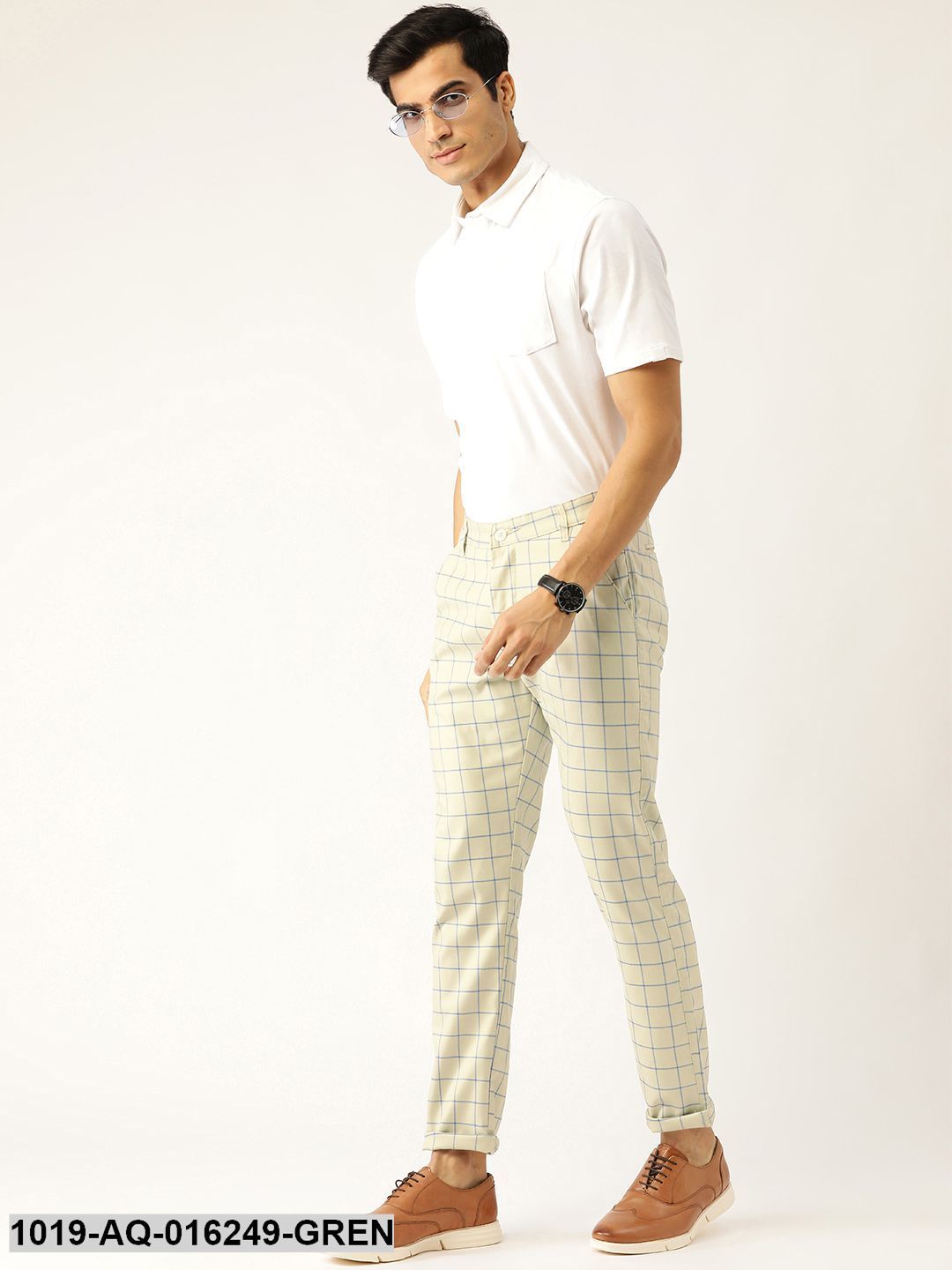 Men's Cotton Blend PistaGreen & Blue Checked Casual Trousers