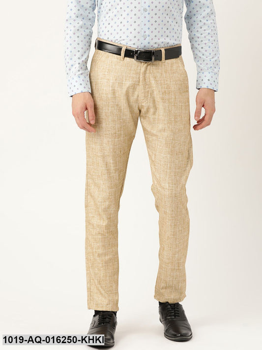 Men's Cotton Blend Khaki & Off White Checked Formal Trousers