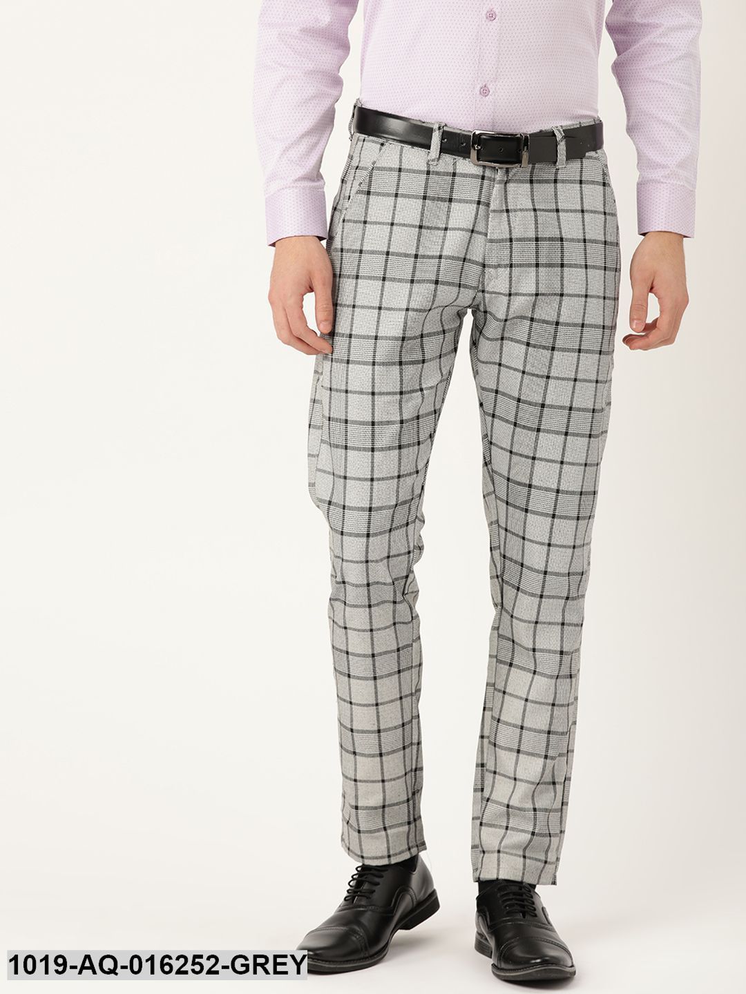 Men's Cotton Blend Grey & Black Checked Formal Trousers