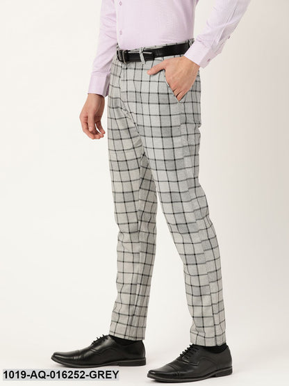 Men's Cotton Blend Grey & Black Checked Formal Trousers