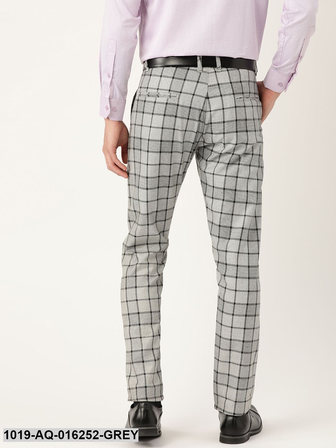 Men's Cotton Blend Grey & Black Checked Formal Trousers