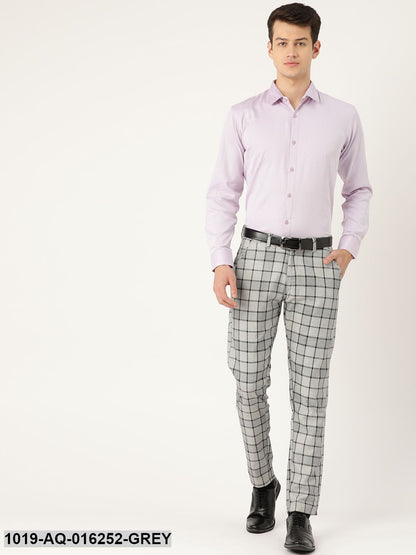 Men's Cotton Blend Grey & Black Checked Formal Trousers