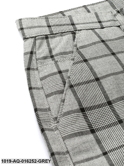 Men's Cotton Blend Grey & Black Checked Formal Trousers